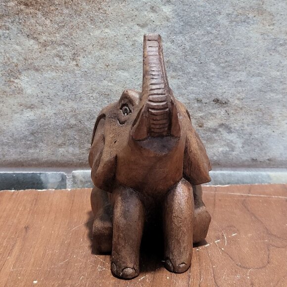 Small Wood Carved Elephant Raised Trunk Statue - Picture 3 of 10
